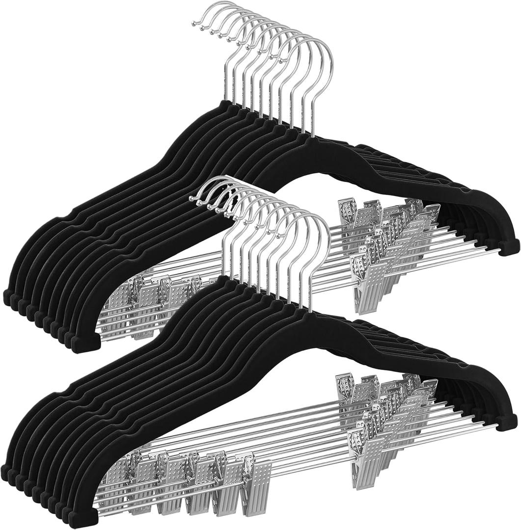 SONGMICS 20-Pack Pants Hangers, 16.7-Inch Long Velvet Hangers with Adjustable Clips, Heavy-Duty, Non-Slip Skirt Hangers, Space-Saving for Pants, Skirts, Coats, Dresses, Black UCRF012B20 SONGMICS 20-Pack Pants Hangers, 16.7-Inch Long Velvet Hangers with Adjustable Clips, Heavy-Duty, Non-Slip Skirt Hangers, Space-Saving for Pants, Skirts, Coats, Dresses, Black UCRF012B20