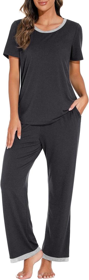 PrinStory 2025 Womens Pajama Set Short Sleeve Sleepwear Ladies Soft Pjs Lounge Set with Pockets (Gray, M)