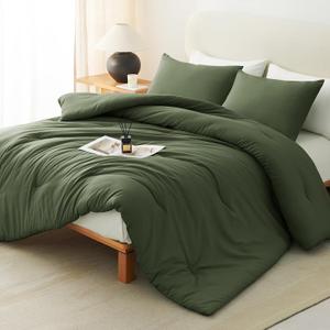 CozyLux Queen Comforter Set Olive Green, 3 Pieces Solid Comforters Queen Size Breathable Bedding Sets, Luxury Soft Lightweight Bed Set with Down Alternative Comforter and 2 Pillowcases All Seasons