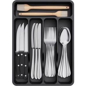 Lifewit Silverware Drawer Organizer Tray, Plastic Cutlery Storage for Kitchen Drawer, Flatware and Utensil Holder Divider for Spoons Forks Knives Tableware, 5 Compartment, Black (9.1*12.6*1.6 inch (5 Slots)