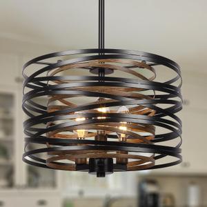 Sigaitwei 3-Light Dining Room Chandelier12.6" Rustic Black Drum ChandeliersWood Grain and Vintage Light Fixture for Kitchen Entryway Living Room