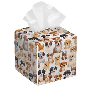 Cute Animal Puppy Pattern Tissue Box Cover Square Waterproof PVC Tissue Holder Leather Facial Paper Organizer Dispenser for Home Office Bathroom Car Tabletop Nightstand Vanity