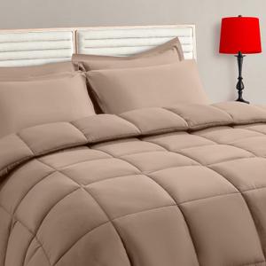 TAIMIT Beige Full Size Comforter Set - 7 Pieces, Bed in a Bag Bedding Sets with All Season Soft Quilted Warm Fluffy Reversible Comforter, Flat Sheet, Fitted Sheet, 2 Pillow Shams,2 Pillowcases