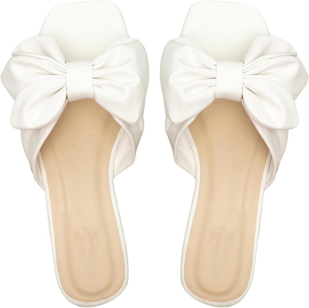 GORGLITTER Women's Bow Flat Sandals Dressy Square Open Toe Sandals Comfortable Slip On Slide Sandals (8, White)
