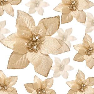 WILLBOND 24 Pcs 3 Size Poinsettia Flower Artificial Christmas Decor Glitter Poinsettia Christmas Ornaments Faux Flowers for Xmas Tree Outdoor(4/6/7.9 Inches,Champagne)