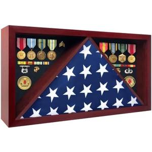 ILOT Large Military Shadow Box - Solid Wood Flag Case for 5' x 9.5' American Veteran Burial Flag, Velvet Like Felt Lining for Medals, and Polished Plexiglass (Mahogany)