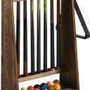 MyGift Freestanding Billiards Storage Rack, Vintage Solid Wood Floor Standing Pool Cue Holder, Ball Storage, Triangle Rack Hanging Hook