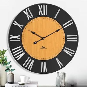 24 inch Large Thickened Frame Metal Large Wall Clock, Black Wall Clock with Hook, Battery Powered, Round Silent Roman Numeral Wall Clocks for Living Room, Kitchen, Bedroom, Home Decor
