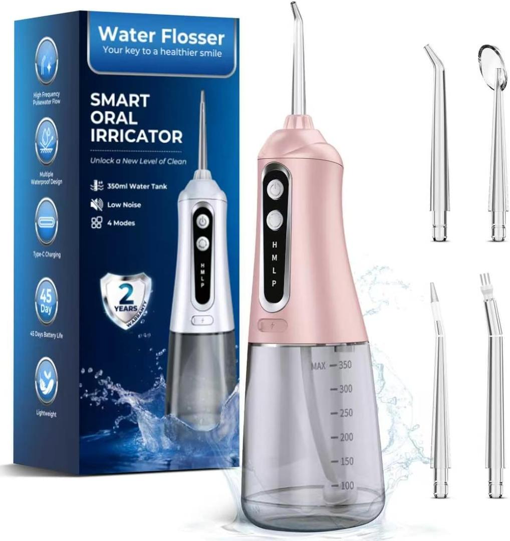 Water Flosser for Teeth Cleaning Pick: Portable Cordless Oral Irrigator350ML,4 Modes 4 nozzles,IPX7 Waterproof Rechargeable DesignPerfect for Travel and Daily Deep Cleaning Gum Care at Home (Pink)