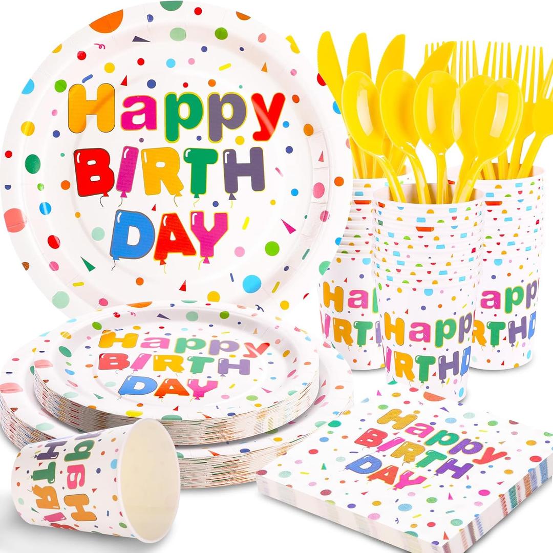 176PCS Happy Birthday Party Supplies, Happy Birthday Plates Serves 25, Includes Birthday Plates and Napkins, Cups,Yellow Cutlery and Happy Birthday Banner for Happy Birthday Party Decorations, 9inch
