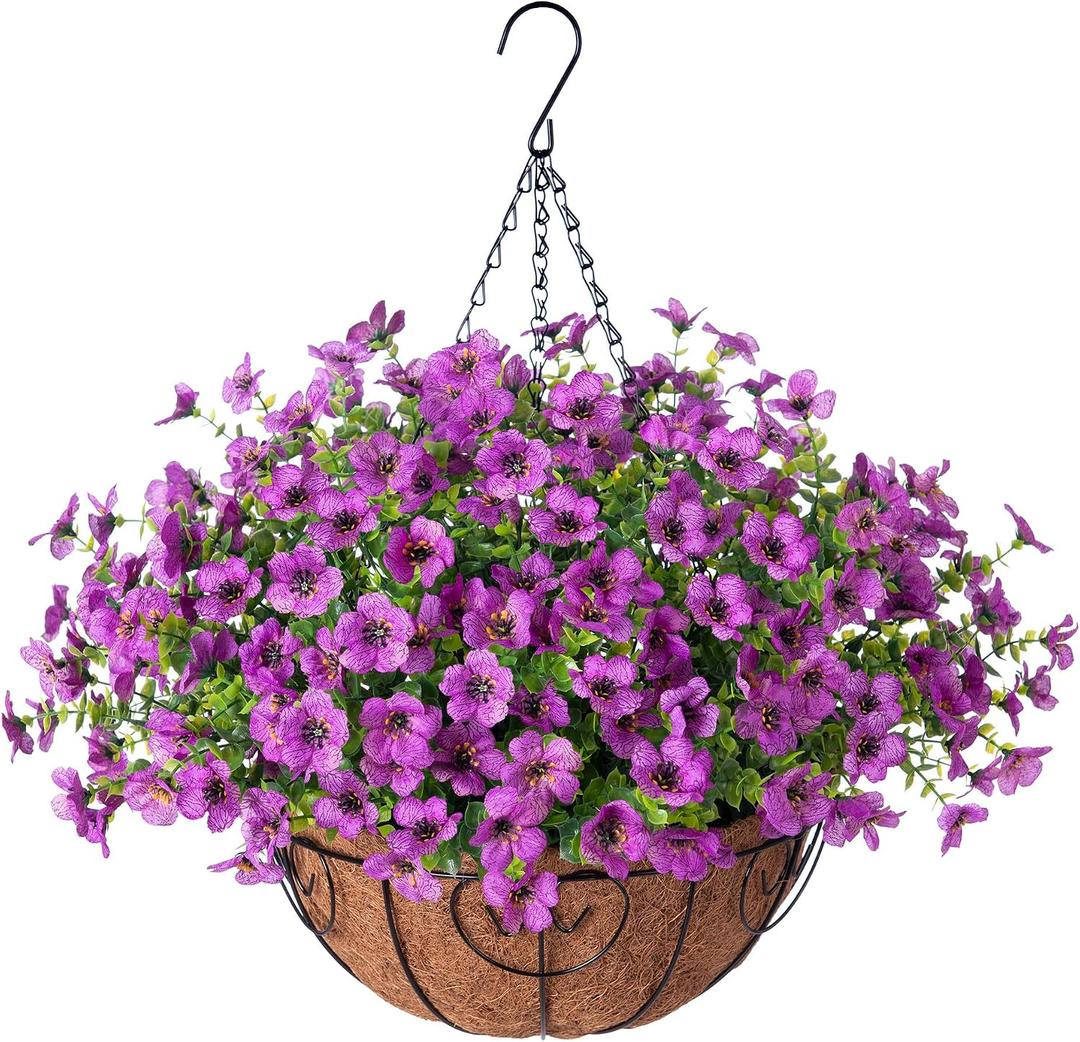 Ammyoo Artificial Faux Hanging Plants Flowers Basket for Spring Outdoor Decoration, Fake Silk Daisy UV Resistant Look Real with Eucalyptus Leaves Summer Outside Decor for Home Patio Garden