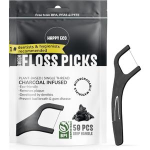 Biodegradable Floss Picks (100pcs) - Natural Dental Floss - Nontoxic Plant Based Floss Sticks for Adults & Kids - Vegan Tooth Pick Flossers - Single Thread Charcoal