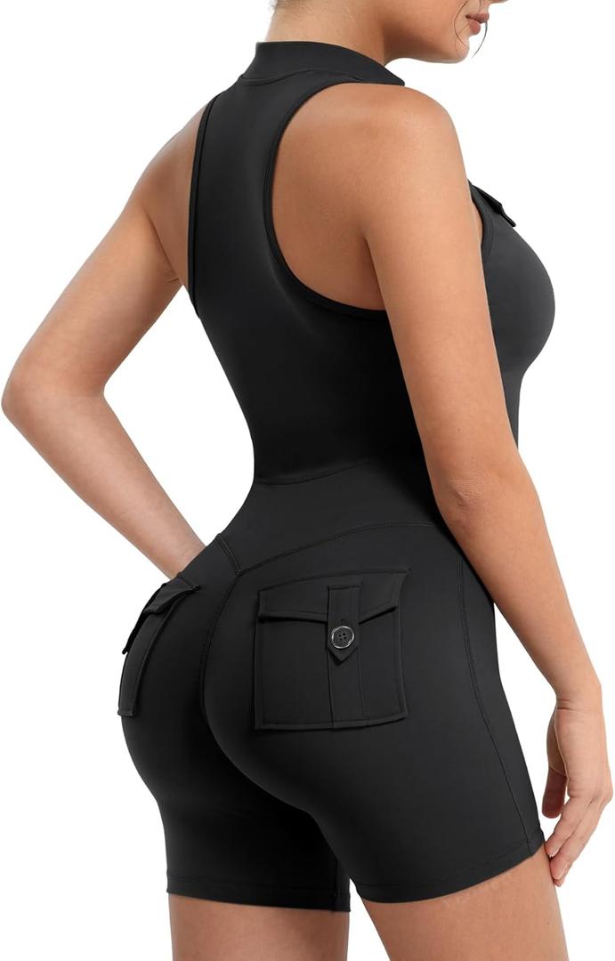 YEOREO CoreFlex Sleeveless Workout Jumpsuit With Pockets Zip Up Back Scrunch Gym Romper for Women Yoga (Small, Black)