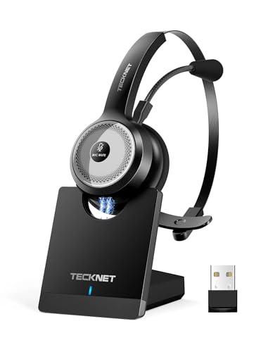 TECKNET Wireless Headset for Work, 40Hrs Worktime AI Noise Cancelling Computer Headphones with Charging Base, Bluetooth Headset with Mic & USB Dongle for PC/Laptop/Call Center