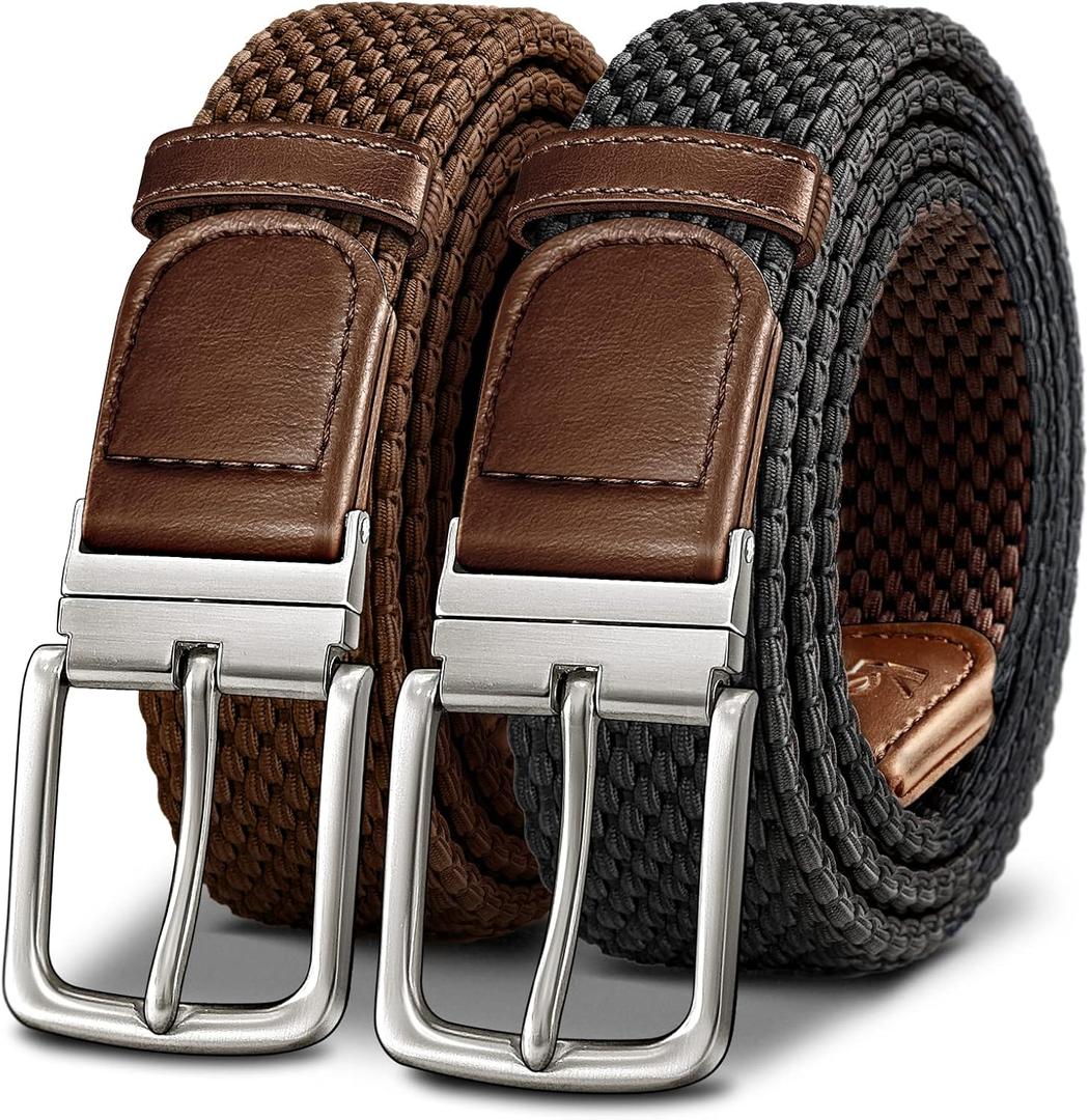 KEMISANT Braided Belt Reversible,Elastic Stretch Belt for Gift Men Golf Casual 1 3/8",2 In 1 Belt (Black/Light Brown3051)