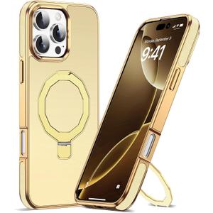 Compatible with iPhone 16 Pro Max Case with Invisible Magnetic Stand, Compatible with Mag-Safe Luxury Phone Case for iPhone 16 Pro Max [Plating Gold Edge & Leather Inlay], Gold