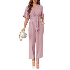 Cicy Bell Women's Elegant V Neck Jumpsuits Dressy Casual Short Sleeve Wide Leg Long Pants Rompers. Size S/M