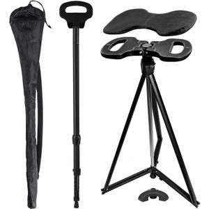 ALEVMOOM Walking Cane with Seat Folding Lightweight, 2-in-1 Cane Stool for Adults, Aluminum Walking Stick with Seat, Portable Stool for Senior, with Carry Bag (35-39 IN/2 LBS, Adjustable Height - Black)