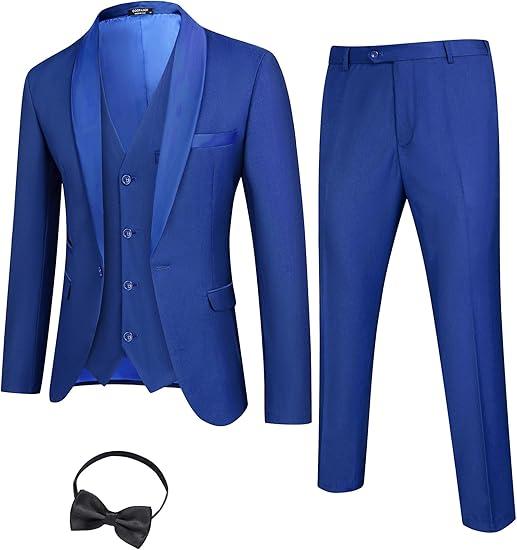 Men's 3 Pieces Suit Slim Fit Tuxedo Set One Button Shawl Lapel Dinner Prom Jacket Vest Pants with Tie, Size L