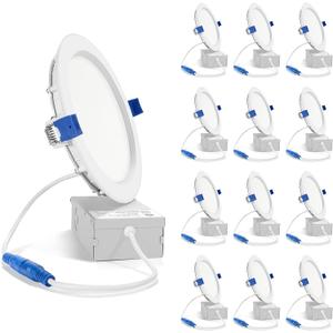 SAATLY 12 Pack 6 Inch Ultra-Thin LED Recessed Ceiling Light with Junction Box, 3000K Warm White Dimmable, 13W 110W Eqv, 850lm High Brightness - ETL and Energy Star Certified