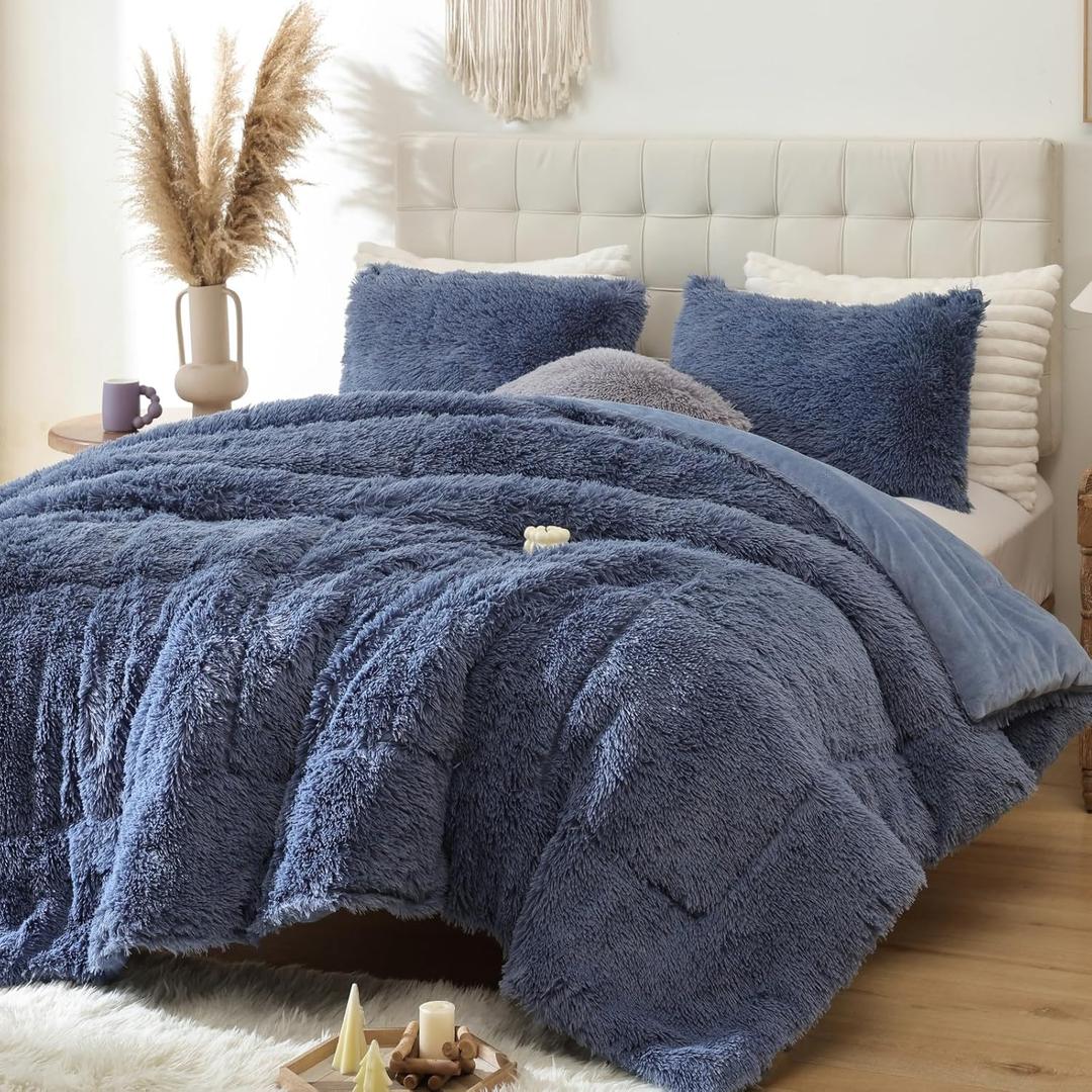 Smoofy Fluffy Queen Comforter Set, Faux Fur Comforter Set Queen Size, Luxury Fuzzy Bedding Set, Soft Shaggy Bed Set for All Season, 3 Pieces - 1 Comforter & 2 Pillowcases, Infinite Blue
