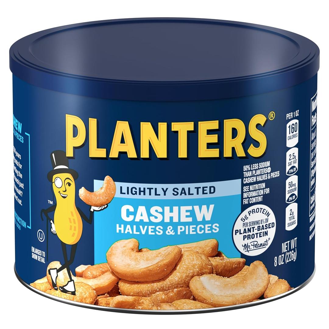 2 x PLANTERS Lightly Salted Cashews, Cashew Halves & Pieces, Plant-Based Protein, 8 Oz Canister, Great Party Snack (EXP 01/25/27)