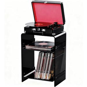 Acrylic Record Player Table with Storage Shelf, Clear Side Table Nightstand (Black, Medium)