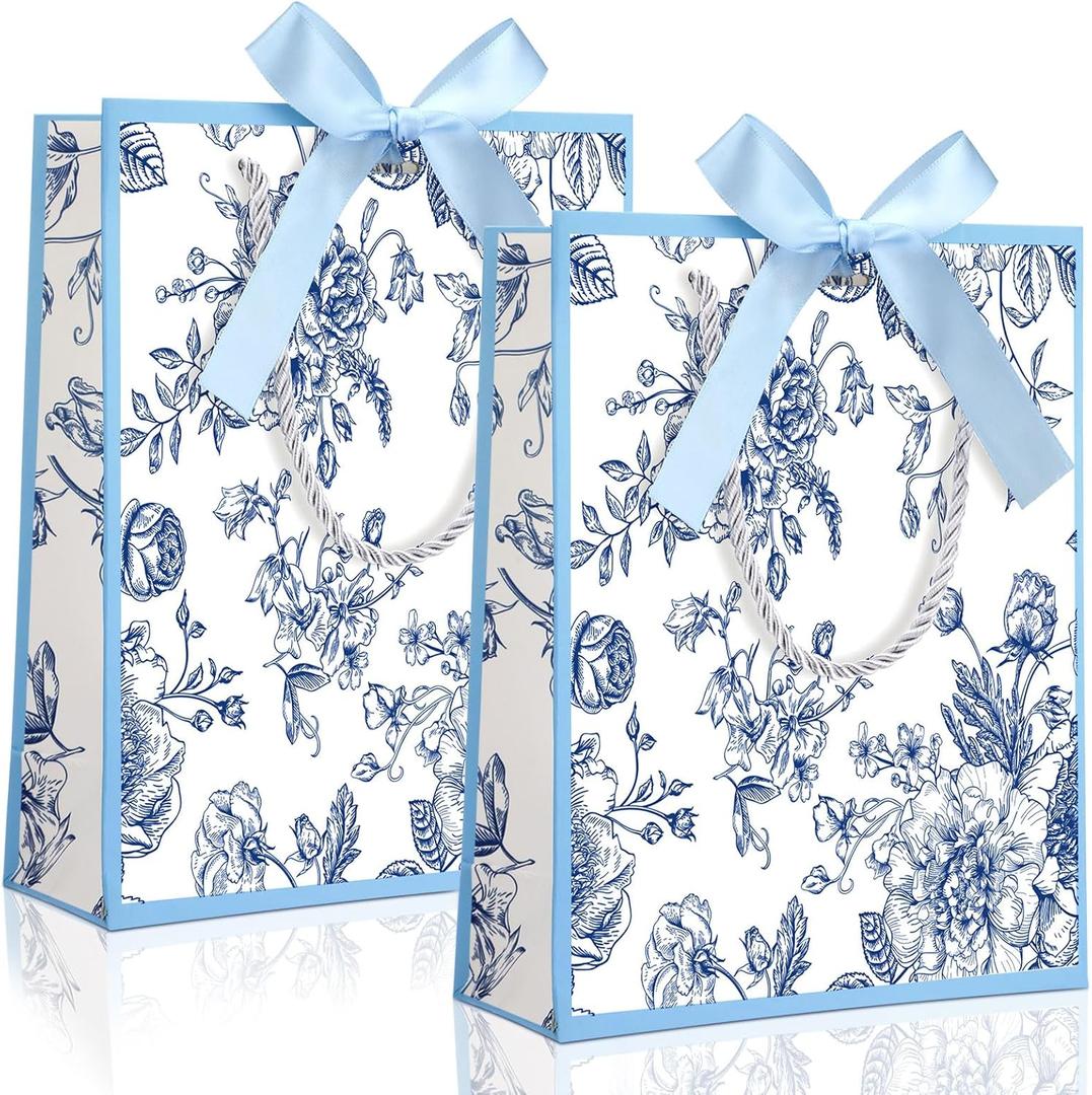 Kolldenn 24 Pcs Blue Floral Gift Bags with Handles 9"x7"x3.15" Elegant Paper Gift Bags with Bow Ribbon for Wedding Birthday Baby Shower Bridesmaid Party