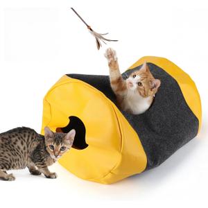 Activity Play Cat Mat, Play Bag for Cat with 4 Holes, Durable Play Rug for Cats, Collapsible Fun Interactive Training Toys Mat for Cats Diameter 16 in, Length 24 in