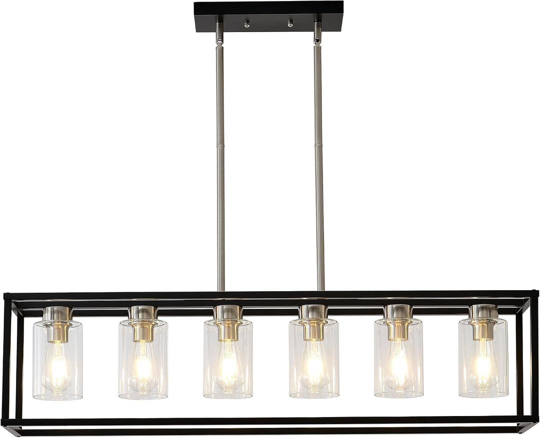 XILICON Dining Rooms Brushed Nickel Chandeliers, Brushed Nickel & Black Kitchen Island Farmhouse Lighting Fixture Industrial Rustic Ceiling Hanging 6 Light Modern Pendant Light with Glass Shade