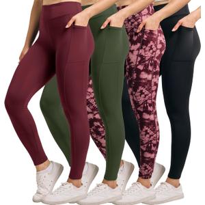 Real Essentials 4-Pack: Women's Full Length Fitted Athletic Yoga Performance Leggings with Pockets (Available in Plus Size) (XXL)