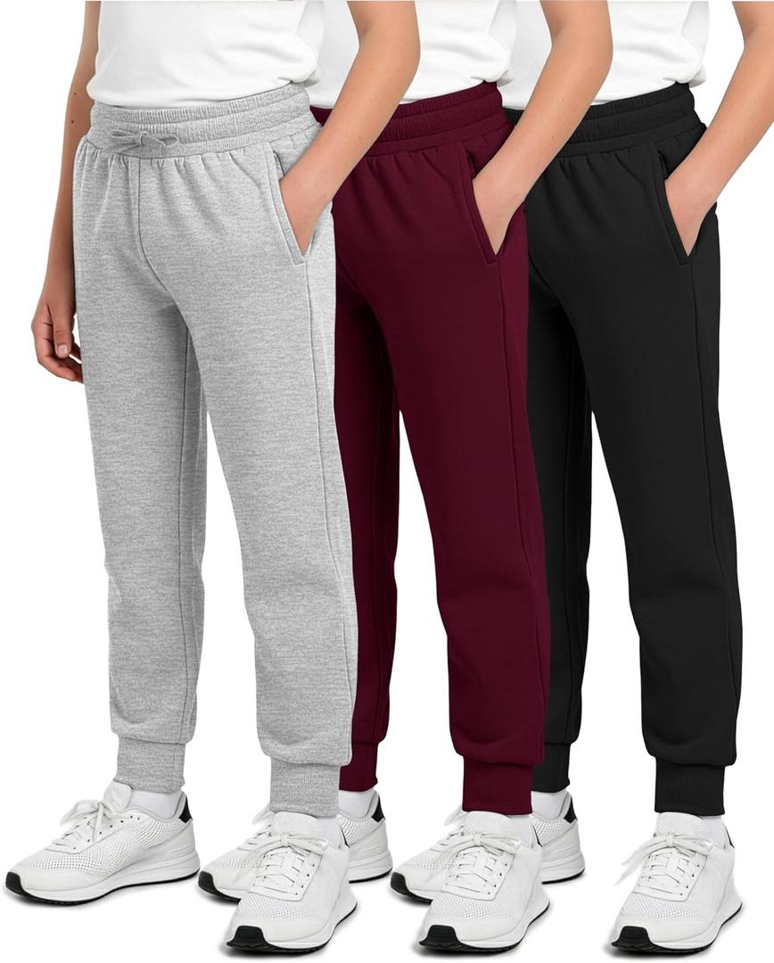 Real Essentials 3 Pack: Boys' Cotton Fleece Jogger Sweatpants - Active Athletic Youth Pants for Teens with Pockets (L)
