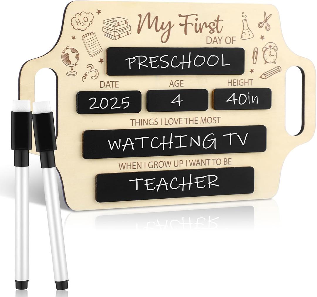 First Day of School Board Signs Wooden Chalkboard Photo Prop Reusable Double-Side Back to School Supplies Signs with Handles for Nursery Kindergarten New Preschool Years