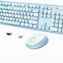 Wireless Keyboard and Mouse Combo, Ergonomic Full Size Typewriter Retro Round Keycaps Keyboard, Compatible with Windows, PC, Perfer for Home and Office Keyboards (Blue