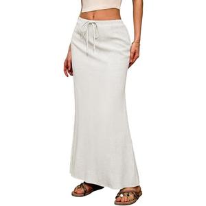ELLEVEN Linen Flared Maxi Skirt with Back Slit - Elastic Waist Drawstring Long Flowy Ankle-Length Skirt Size XS