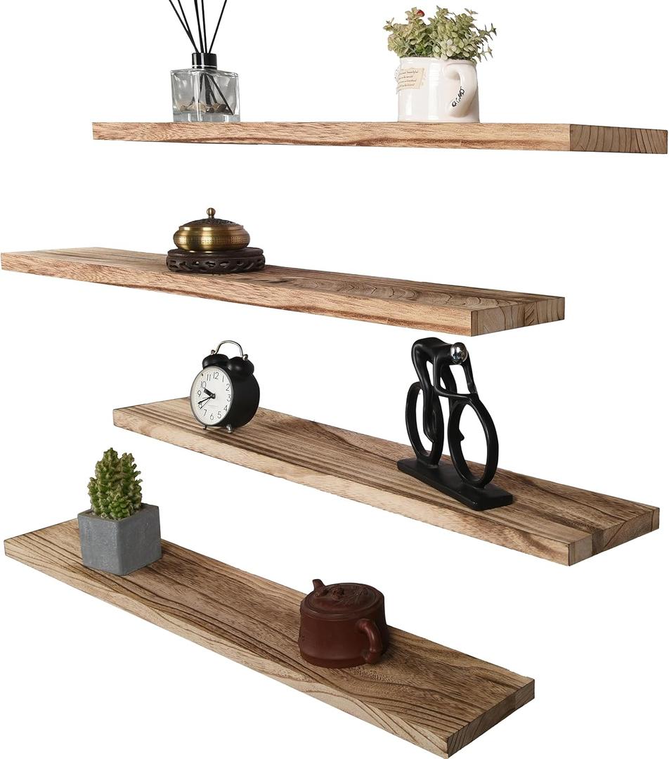 Wood Floating Shelves for Wall, Wooden Wall Shelves for Bedroom, Wall Mounted Shelves for Living Room, Set of 4 Light Brown 36 Inch