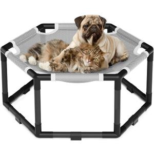 Tresbro Elevated Cat Hammock Bed, Hexagon Raised Cat Swing Bed for Indoor and Outdoor Use with Breathable Fabric & Anti-Slip Block, 23.6'' x 10.6'' x 12'' Pet Chair for Large to Small Kitty Cot (Grey)