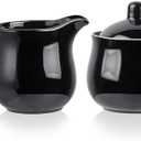 CHILDIKE 12 OZ Ceramic Sugar and Creamer Set, Coffee Serving Set, 3 Piece Cream Pitcher Sugar Bowl with Lid and Spoon (Black)