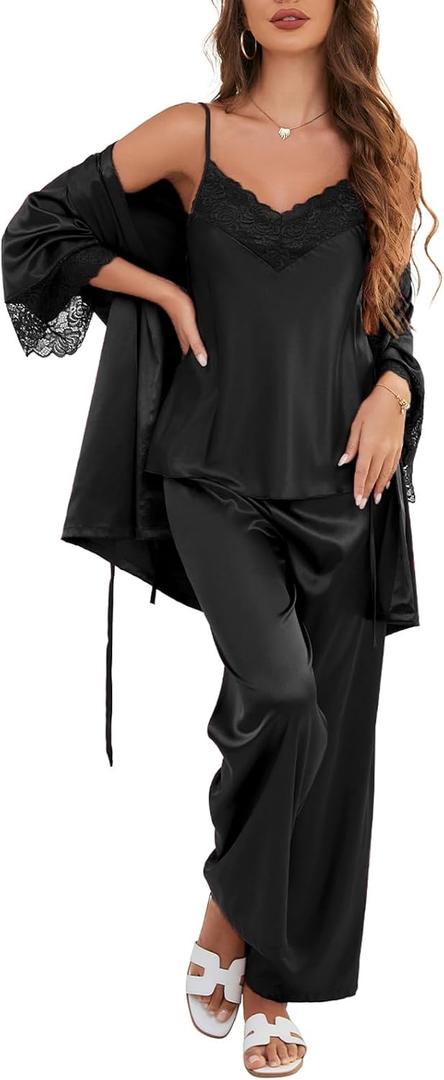 Moreone Women's Silk Satin Pajama Set 3-Piece with Robe, Sexy V-Neck Lace Cami Top and Long Pants, Luxury Soft Sleepwear (Black, S)