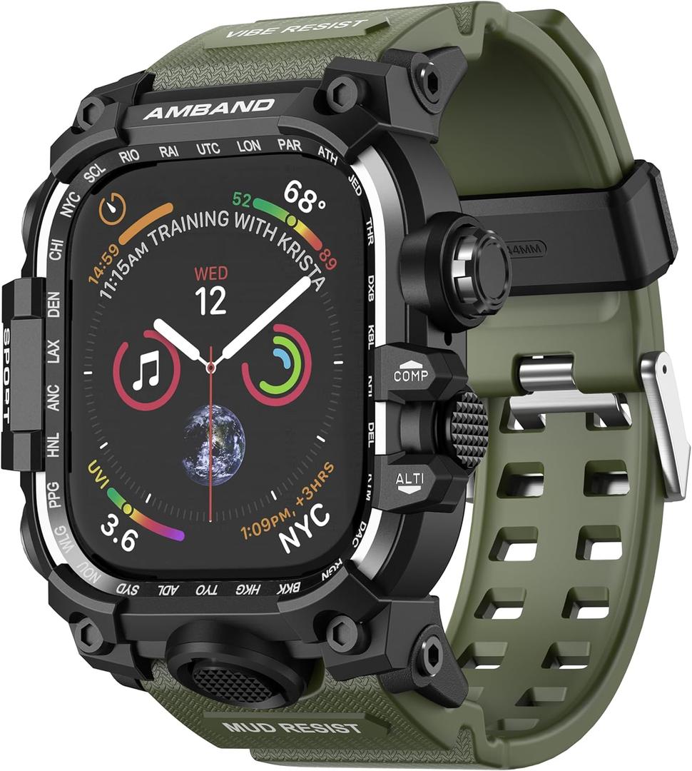 amBand Rugged Case with Band for Apple Watch 44mm, Compatible with iWatch Series SE 3/SE 2nd Generation/SE/6/5/4, Military Grade Shockproof Bumper Cover, Tactical Band for Men, Army Green