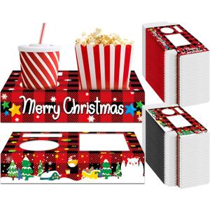 QOUBAI 50Pcs Christmas Party Supplies Movie Night Paper Snacks Boxes Xmas Movie Theater Snack Tray Party Decorations Movie Popcorn Drink Holder Set for Christmas Birthday Holiday Party Stand Family