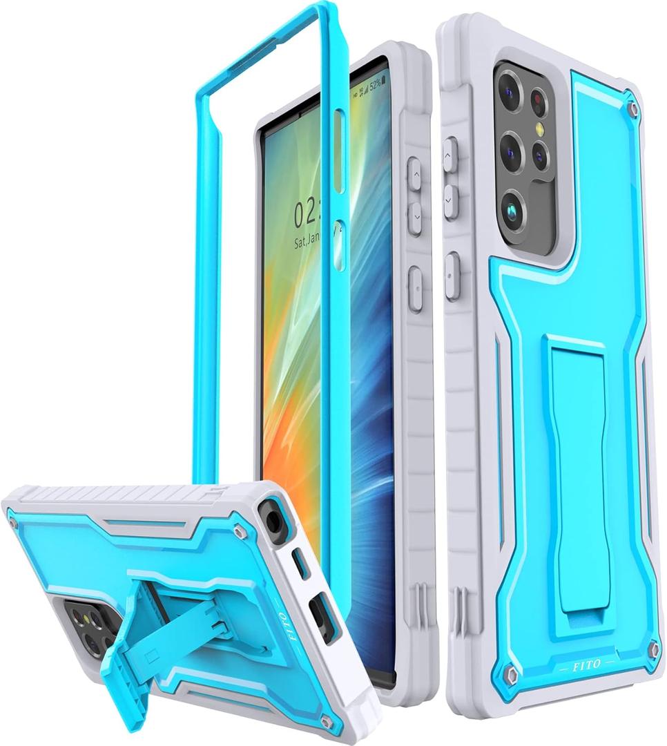 FITO for Samsung Galaxy S22 Ultra Case, Dual Layer Shockproof Heavy Duty Case, Built in Kickstand (Blue)