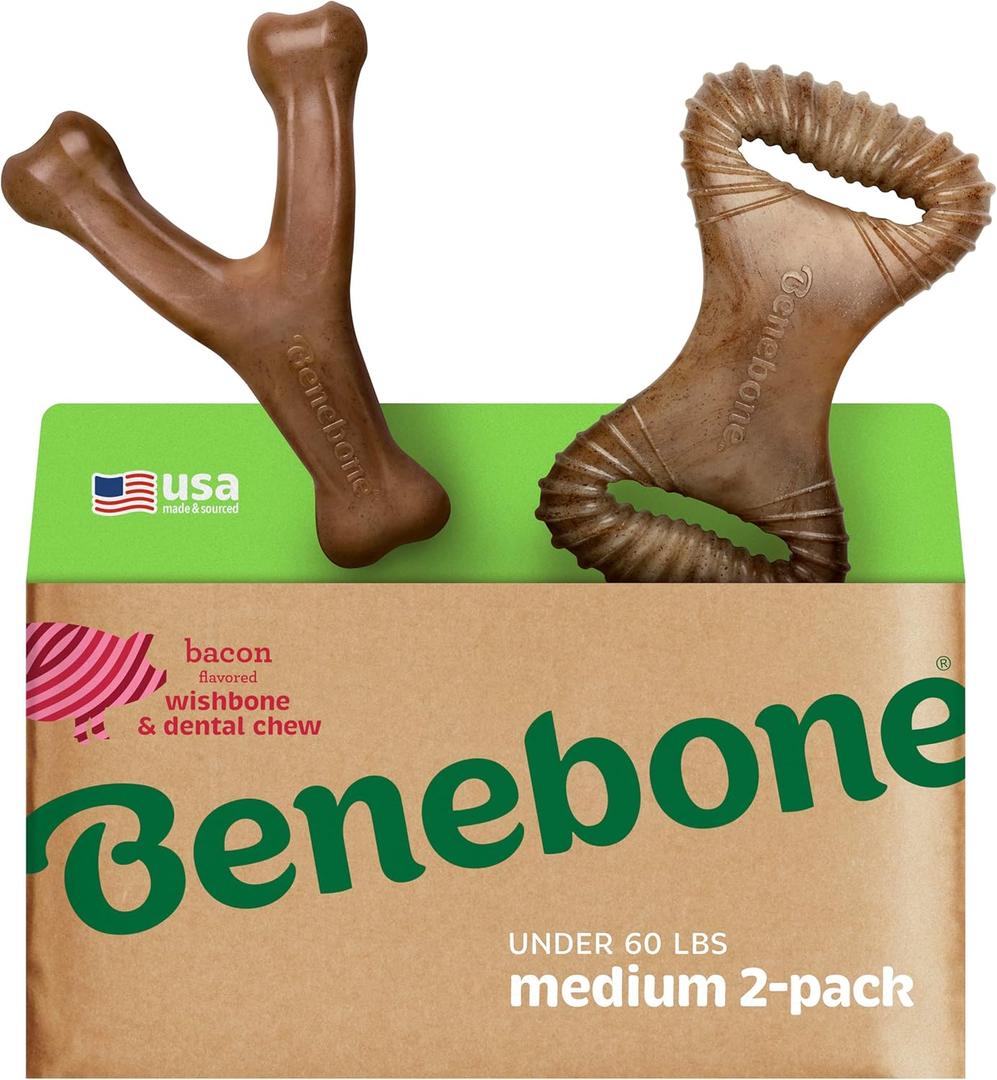 Benebone 2-pack Wishbone/Dental Durable Dog Chew Toys, Dog Toys for Aggressive Chewers, Real Bacon, Made in USA, Medium