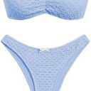 ZAFUL Women's Strapless Bikini Openwork Textured Bow Ruched Lace Up High Cut Bandeau Swimsuit Bathing Suits, Small, Blue