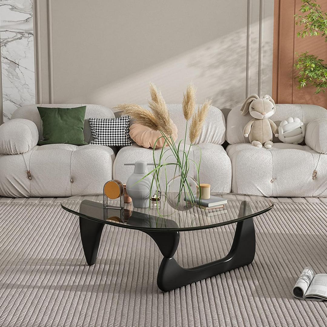 EASYSOUL Modern Glass Coffee Table, 44.88" D x 32.28" W x 15.75" H, Abstract Round Tea Tables for Living Room Home Office Industrial Cocktail Tables (Black-Clear Glass, 44.88")