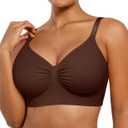SHAPELLX Wireless Comfy Bra for Women Seamless Bra Non Padded Soft Bralette V Neck Everyday Bras with 4 Rows of Hooks (Medium, Brown)