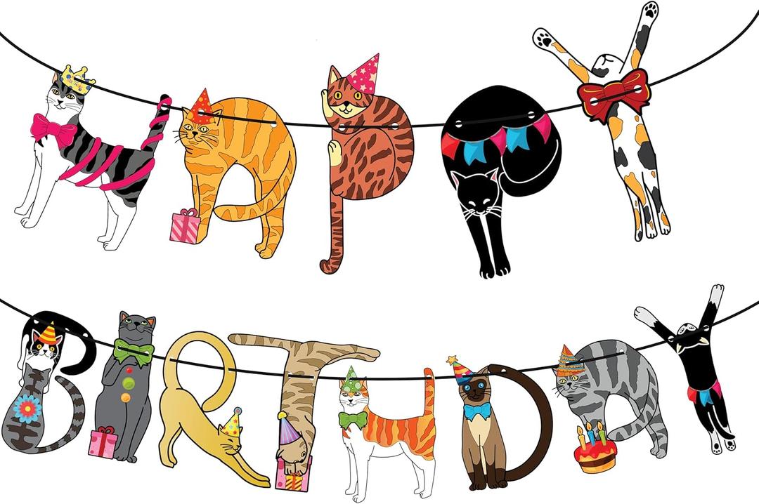 Cat-Themed Happy Birthday Banner - Colorful and Fun Party Decoration for Cat Lovers (Funny Cat Happy Birthday Garland) - Cats Happy Birthday Garland