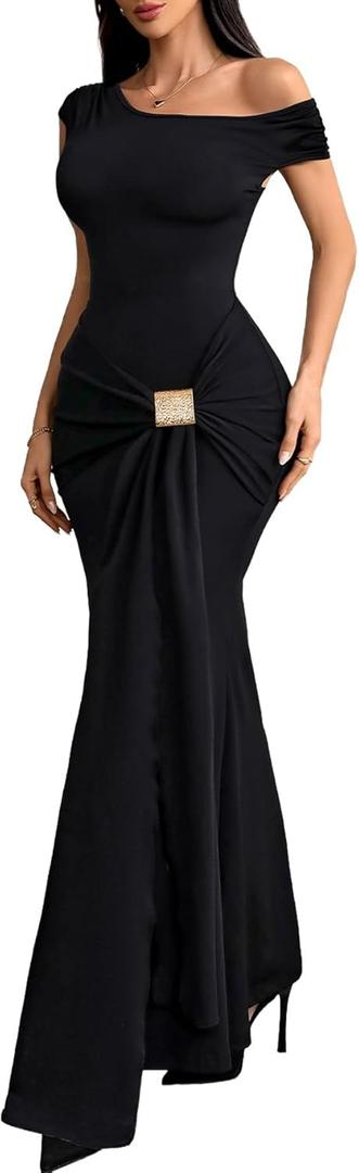 GothDark Women's Elegant Ruched Bodycon Maxi Dress One Shoulder Mermaid Gown Adjustable Buckle for Cocktail Party Formal (Black, Medium)