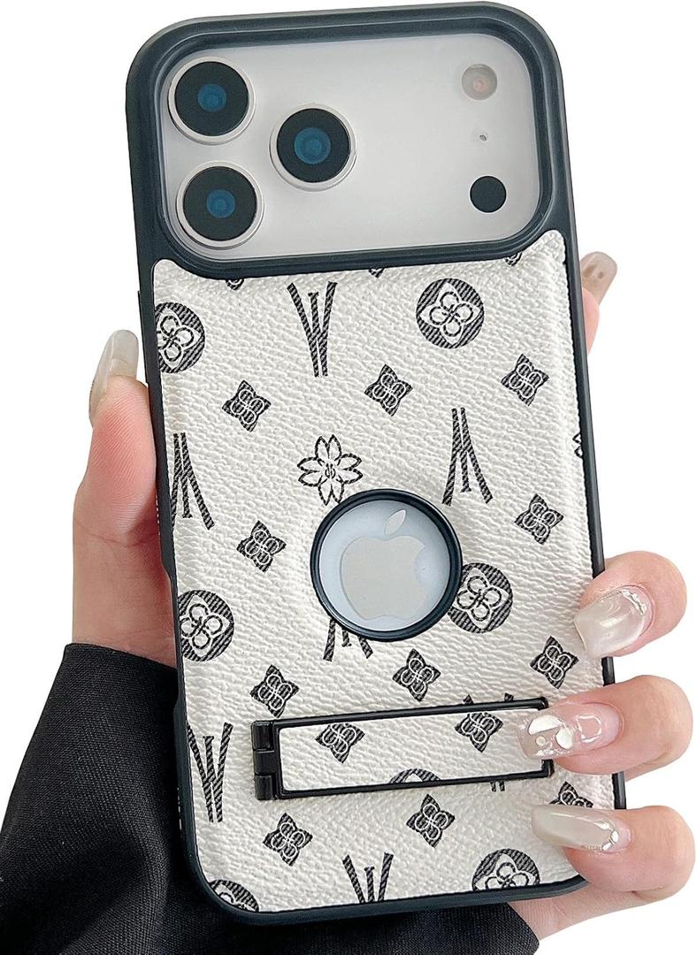 Compatible with iPhone 17 Pro Max Case Luxury Designer for Women Girls,Hybrid TPU+PU Leather with Foldable Kickstand Slim Protective Phone Cover for 17 Pro Max - 6.9 inch (White)