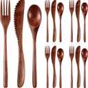 Geiserailie 4 Pcs Wooden Utensils for Eating Set Wooden Spoon Fork Knife Cutlery Set Kitchen Wood Utensils Dinner Flatware Tableware (Teak Wood)